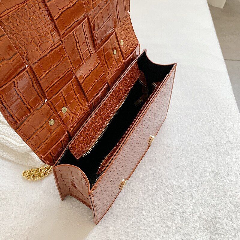 Pattern Pu Leather Bag Women Gold Chain Woven Square Bag Evening Party Clutch