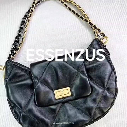Quilted Lambskin Leather Hobo Purse Shoulder Bag Tote Handbag w/ Chains Fashion