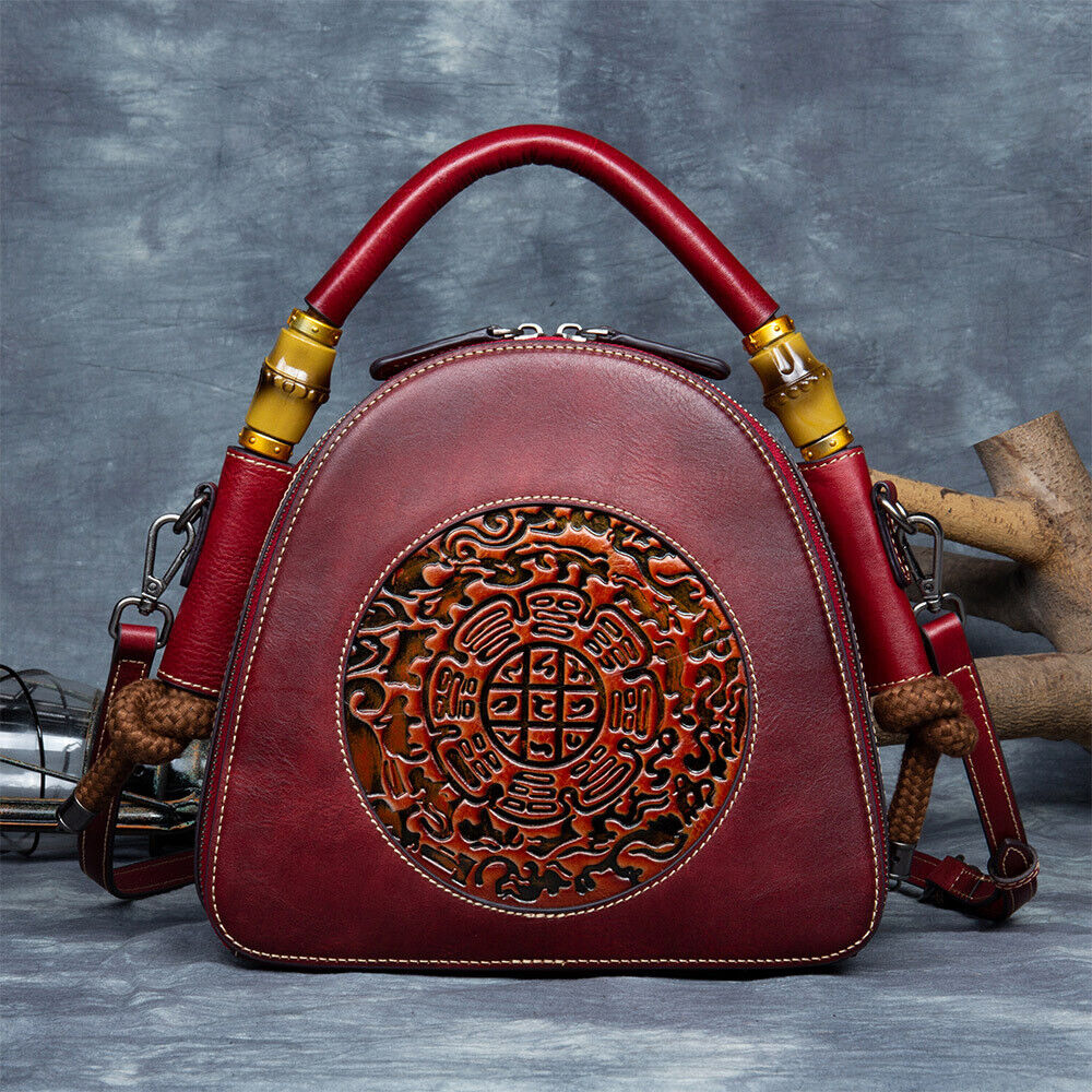 Women's Retro 100% Genuine Leather Handbag Embossed Crossbody Shoulder Shell Bag
