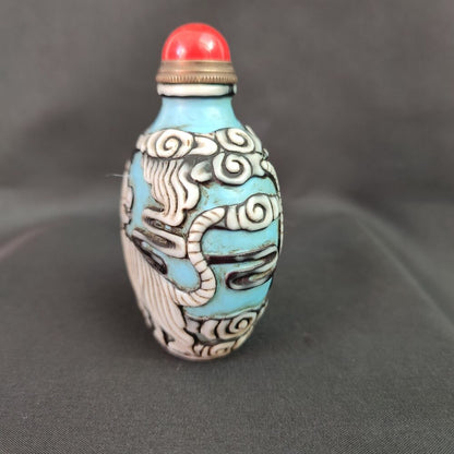 Old Peking Glass Snuff Bottle box overlay snuffbox tiger animal carvings rare