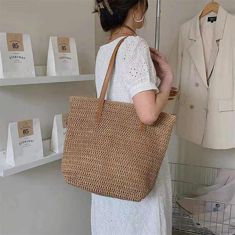 Solid One-shoulder Large Straw Bag Women's Summer Seaside Beach Rattan Bag