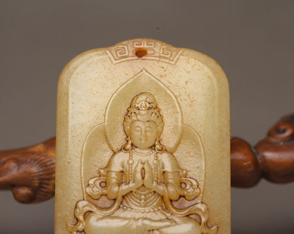 Chinese Old Natural Hetian Jade Hand Carved Kwan Yin Statue Lucky Jade Pendant