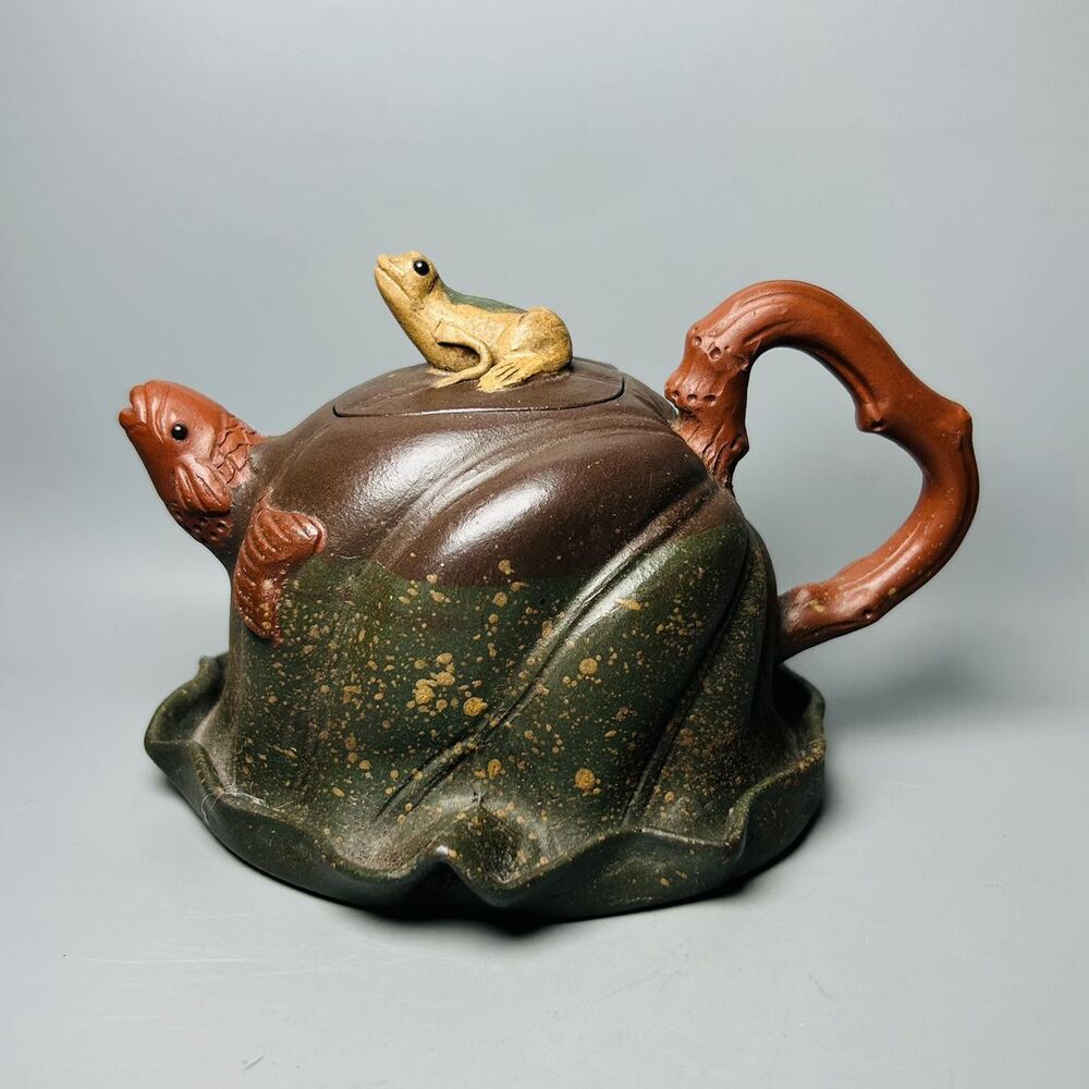 Vintage Chinese Yixing Purple Clay Teapot Zisha Ceremony Lotus Leaf Frog Tea Set