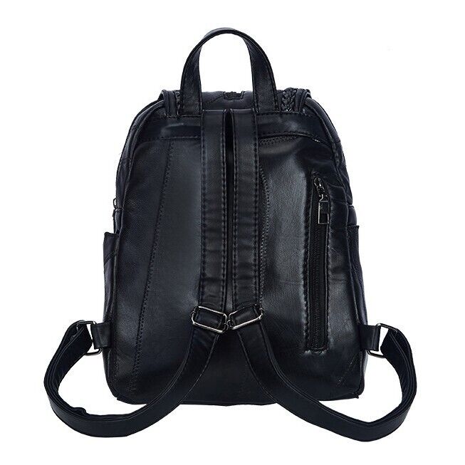 Top Soft PU Leather Black Women's Backpack Shoulder School Bag Retro Rucksack