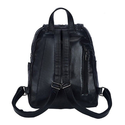 Top Soft PU Leather Black Women's Backpack Shoulder School Bag Retro Rucksack