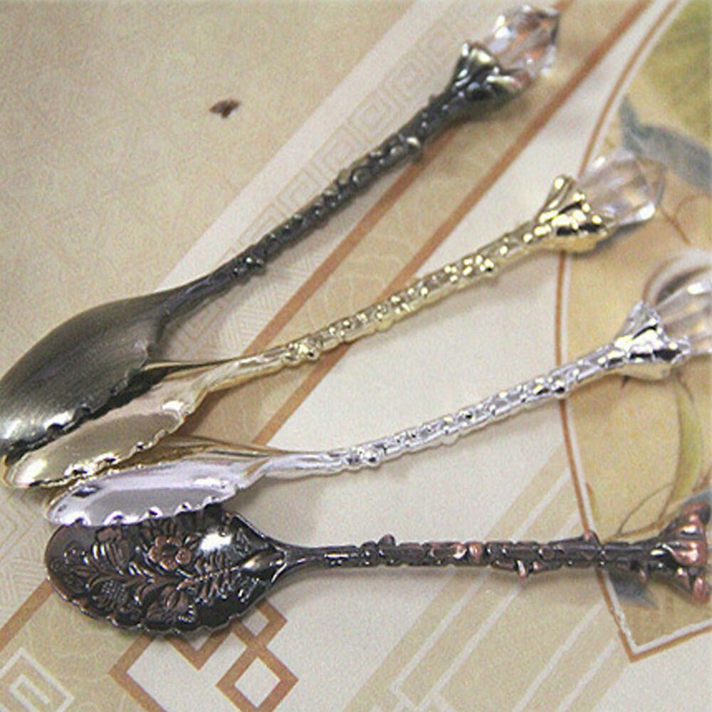 4 Pcs/Set Vintage Crystal Head Spoon Zinc Alloy Carved Mini Coffee Tea Tableware