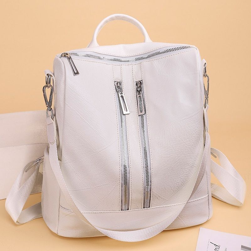White Backpack Women Leather Travel Rucksack Shoulder Book Bag Waterproof Nylon
