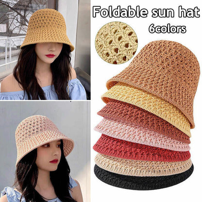 Women Ladies Summer Sun Beach Straw Hat Floppy Wide Brim Foldable Cap Bucket Hat
