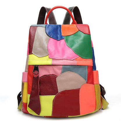Sheepskin Leather Women's Colorful Blocks Patchwork Backpack Travel Bag Rucksack