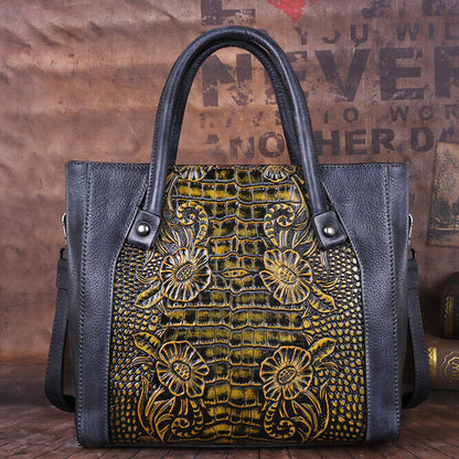 Top Cow Leather Women's Bag, Flower Embossed Designer Handbag Shoulder Bags