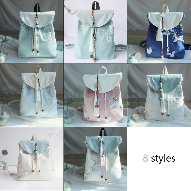 Canvas Embroidered Flower Backpack Tassel Casual Bundle Girls Mouth Bag Womens