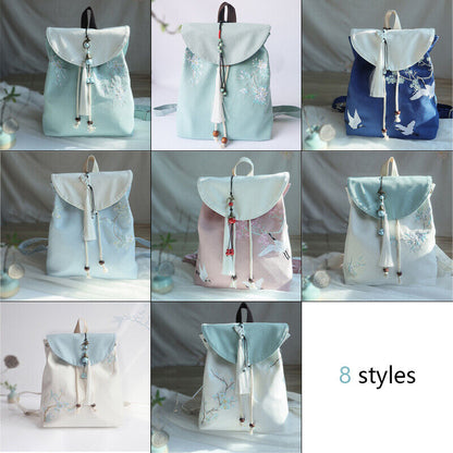 Canvas Embroidered Flower Backpack Tassel Casual Bundle Girls Mouth Bag Womens