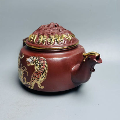 Chinese Yixing Purple Clay Teapot Zisha Ceremony Painted Tiger Nice Tea Set Rare