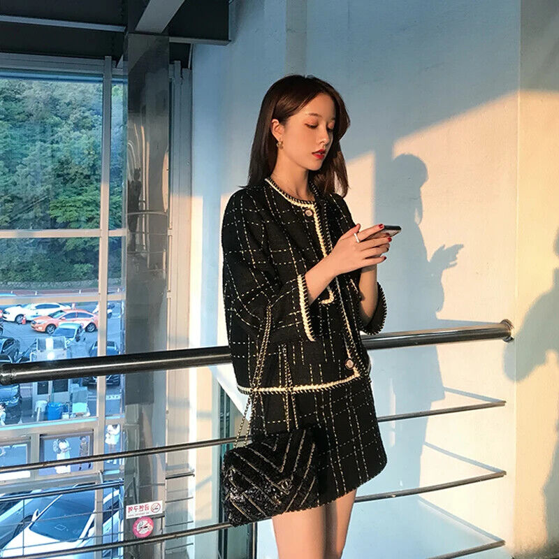 Plaid Tweed Jacket Coat + Mini Skirt Set Women 2 Piece Set Outfits Tracksuit