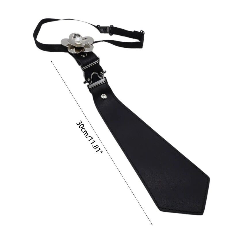 Women Necktie Faux Leather Black Gothic Uniform Pearl Flower Cosplay Bowtie 30cm