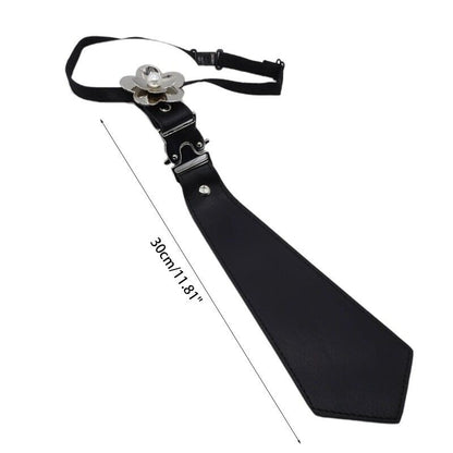 Women Necktie Faux Leather Black Gothic Uniform Pearl Flower Cosplay Bowtie 30cm
