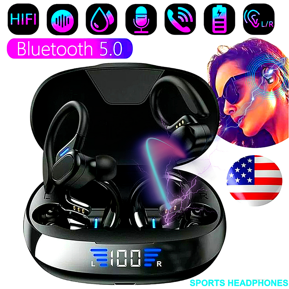 Bluetooth Headset 5.0 Wireless Earphones Earbuds For Gym Ear Hook Headphones 9D