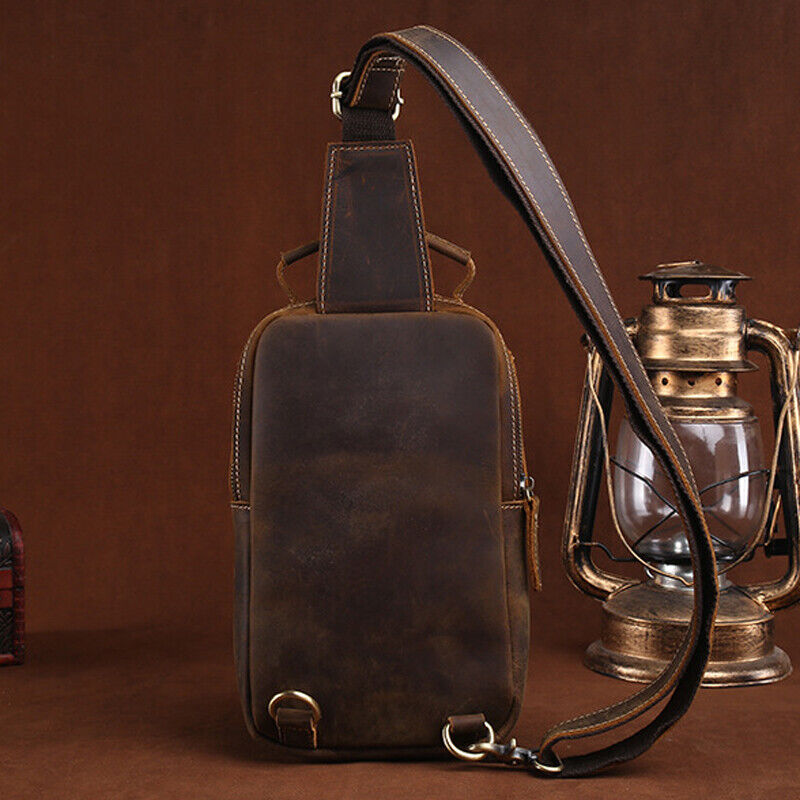 Mens Coffee Vintage Crossbody Bag Cowhide Crazy Horse Leather Sling Shoulder Bag