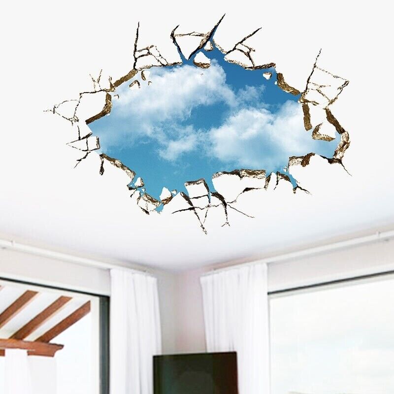 Broken Hole 3D Blue Sky Cloud Wall Sticker Living Room Decoration Decals 50x70cm
