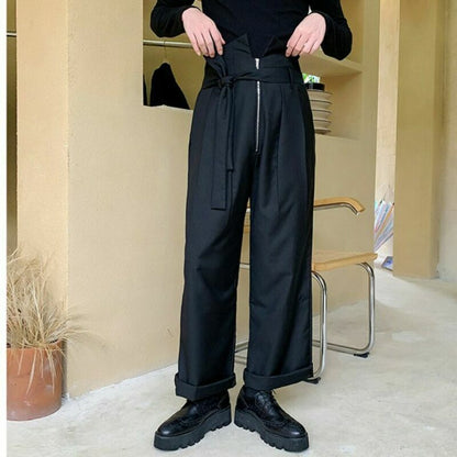 NEW Men's Loose Straight Pants Design Zipper Wide Leg Long Trousers Runway Pants