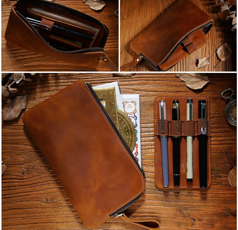 Handmade Cowhide Leather Pen/Pencil Case, Larege Capacity Stationery Storage Bag