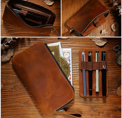 Handmade Cowhide Leather Pen/Pencil Case, Larege Capacity Stationery Storage Bag