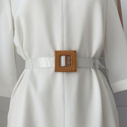 Women Belt Fashion Clear Round Square Pin Buckle Coat Waist Straps 100cm Plastic