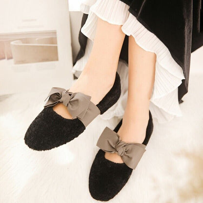 Women Lamb Fur Fluffy Bow Knot Ballerinas Ballet Flat Shoes Casual Comfort Shoes