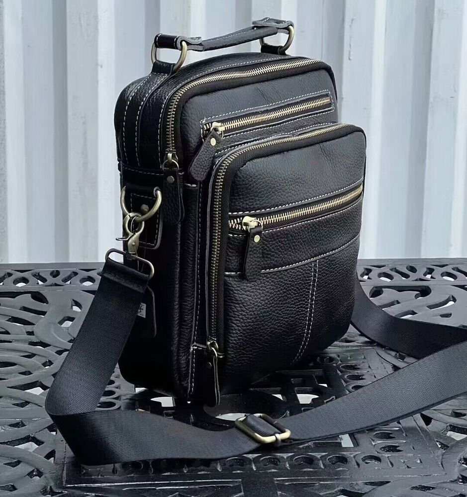 100% Genuine Leather Men's Business Bags, Black Sling Shoulder Messenger Bag