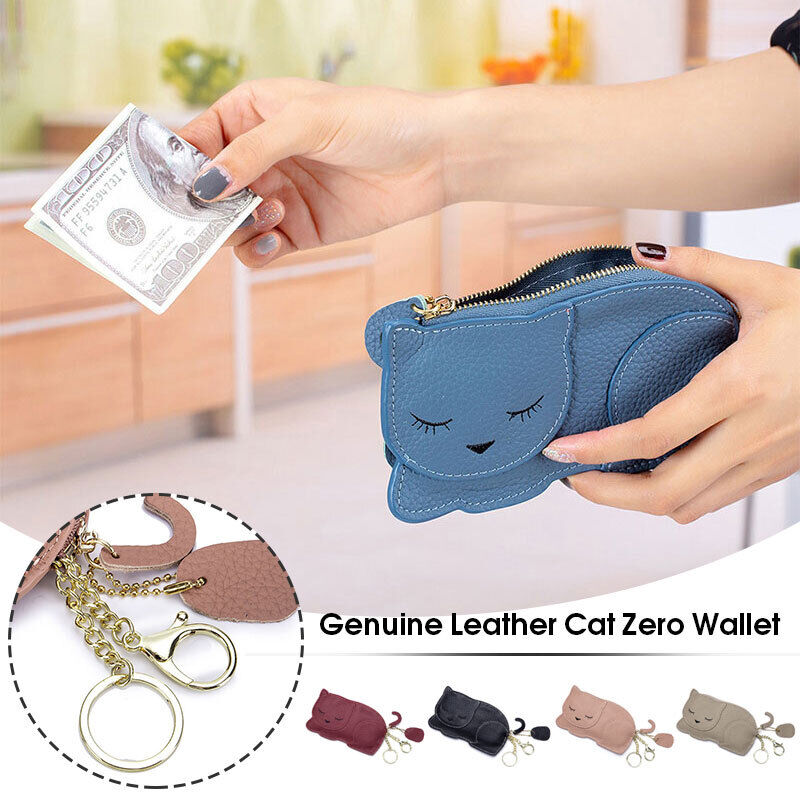 Cute Cat Ultra Thin Purse Wallet Genuine Leather Car Key Bag Mini Coin Bag
