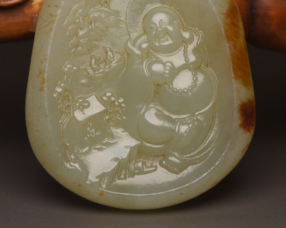 Chinese Natural Hetian Jade Carving Laughing Buddha Statue Luck Pendant Jewelry