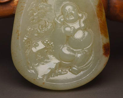 Chinese Natural Hetian Jade Carving Laughing Buddha Statue Luck Pendant Jewelry