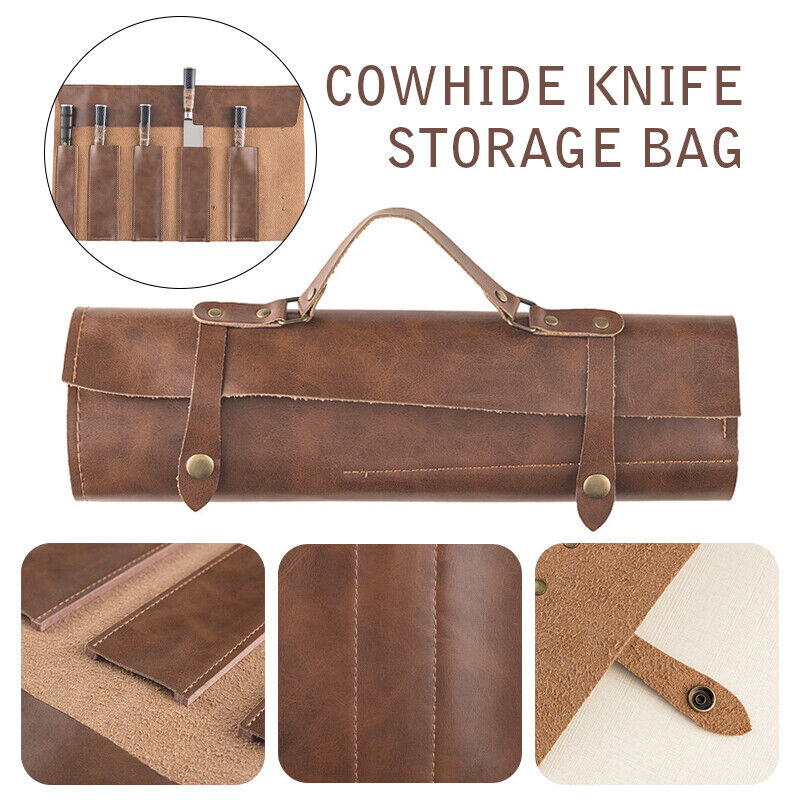 Cowhide Leather Pocket Knives Roll Carry Storage Case Chef Knife Organiser Bag