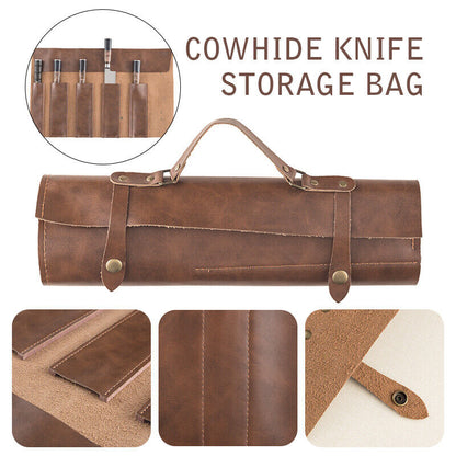 Cowhide Leather Pocket Knives Roll Carry Storage Case Chef Knife Organiser Bag