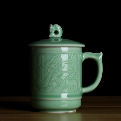 China Dragon Porcelain Tea Cups with Lid Coffee Mug Gift 13.5oz Office Water Cup