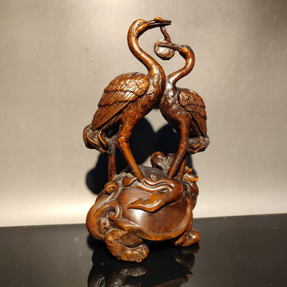 vintage carved wooden crane figurine wood statue Boxwood longevity Turtle gift