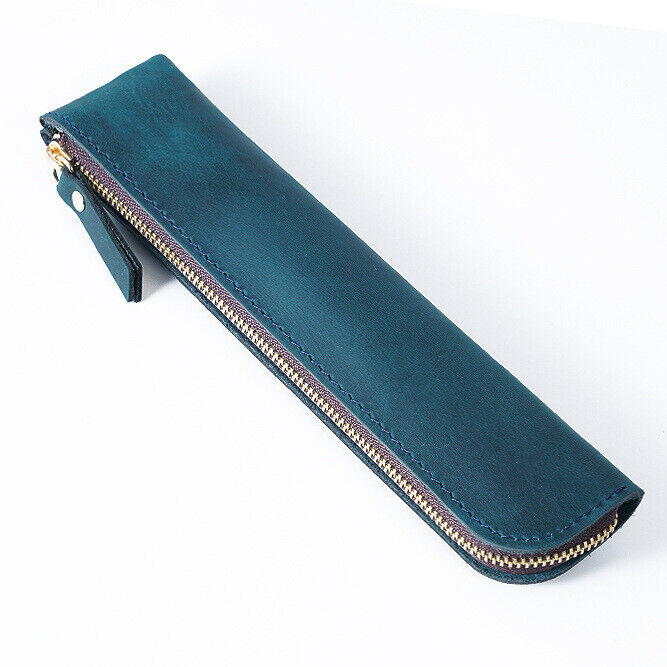 Handmade Cowhide Leather Vintage Zipper Pencil Case mini Pen Bag Pen Accessories