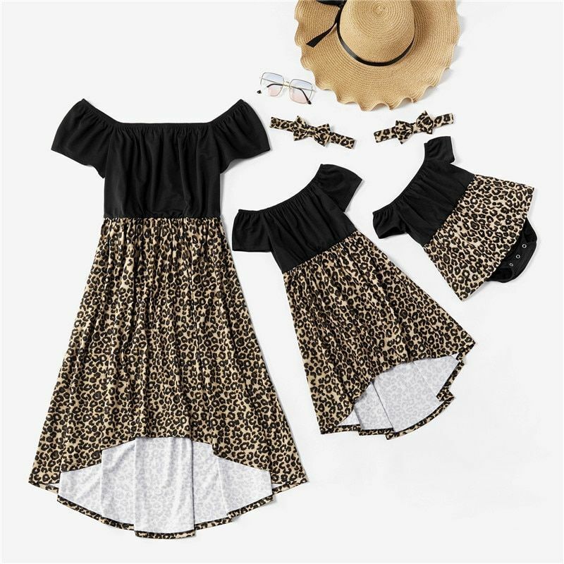 Dresses Summer Mosaic Mommy Off Shoulder Leopard Pattern Sisters Romper Family