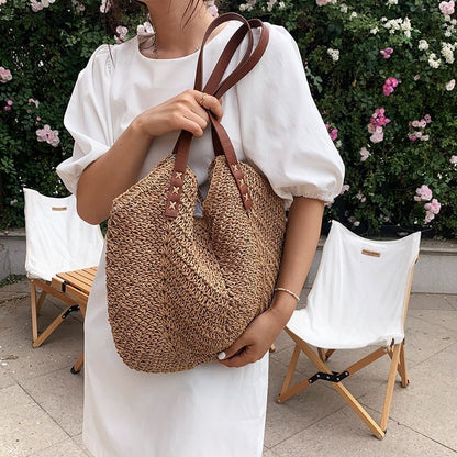 Large Straw Tote Bag Hollow Woven Shoulder Bags Summer Beach Handbag Traveling
