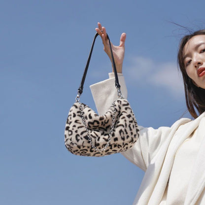 Winter Soft Plush Tote Purse Handbag Vintage Leopard Print Underarm Shoulder Bag