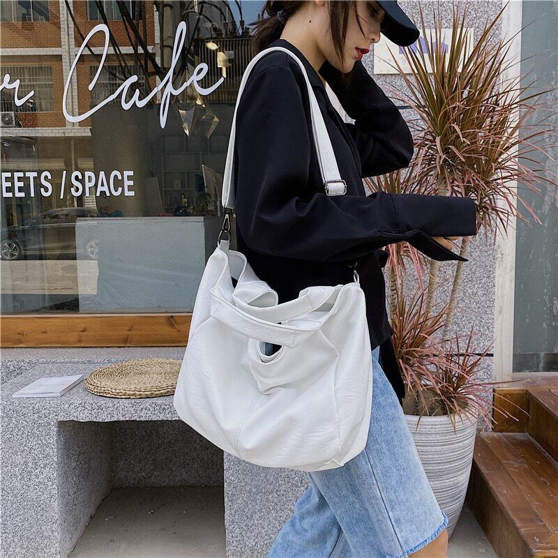 White Leather Women Half Moon Bags Shopper Bag Crossbody Bag Tote Bags