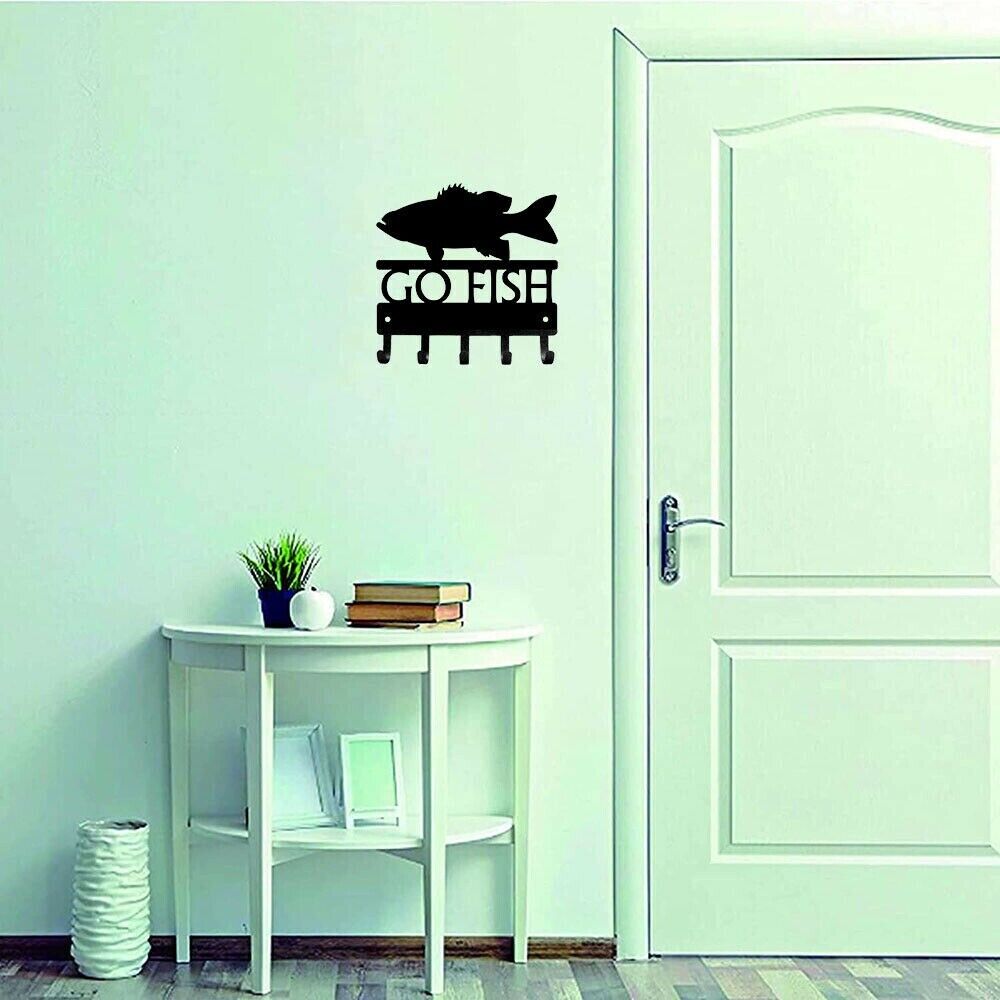 Wall Mounted Hook Up Go Fish Bass Key Rack Hanger Metal Pendant Wall Art Home