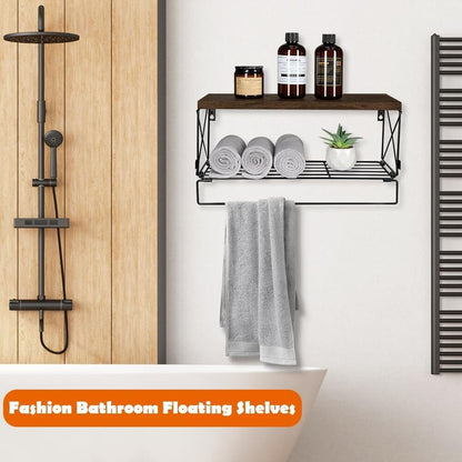 Rustic Wooden Bathroom Floating Shelves with Storage Baskets Wall Mounted (3+1)
