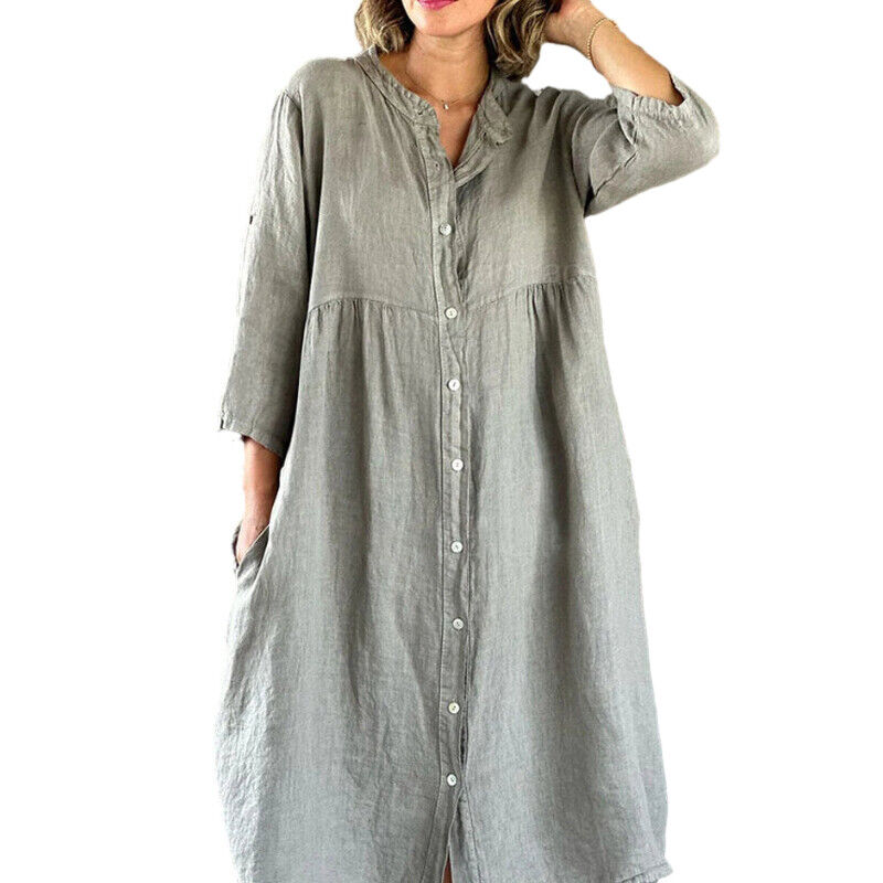 Womens Cotton Linen Shirt Dress Loose Button Up Casual Baggy Long Tops Tunic