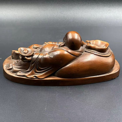 Antique Chinese Boxwood Wood Carved Maitreya Buddha Statue Wooden Decor Artwork