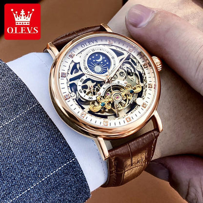 Mens Dual Time Automatic Mechanical Skeleton Watch Rose Gold Brown Leather