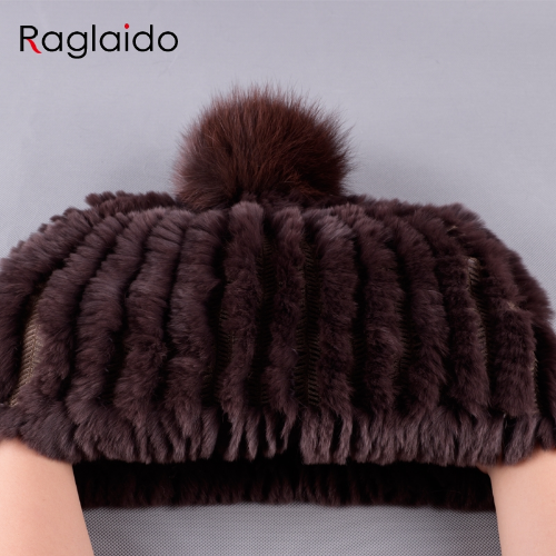 Hot Sale Knitted Pompom Hats Women Beanies Elastic Rabbit Fur Caps Real Fur Hats