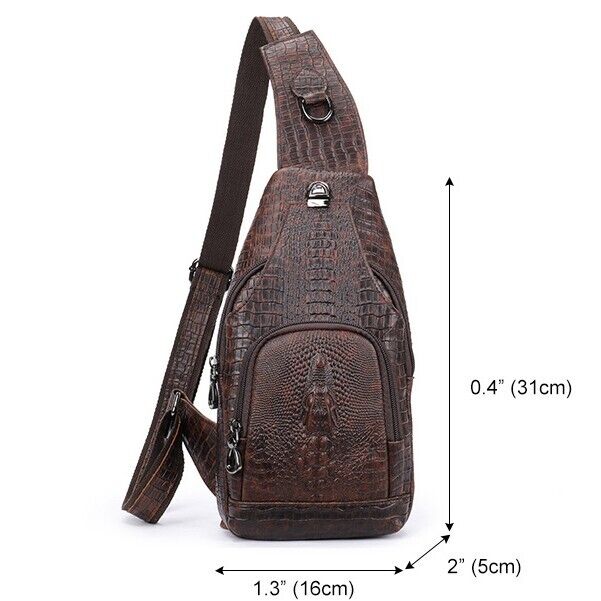 Genuine Leather Sling Backpack, Crocodile Pattern Daypack, Brown Crossbody Bags