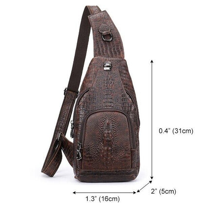 Genuine Leather Sling Backpack, Crocodile Pattern Daypack, Brown Crossbody Bags