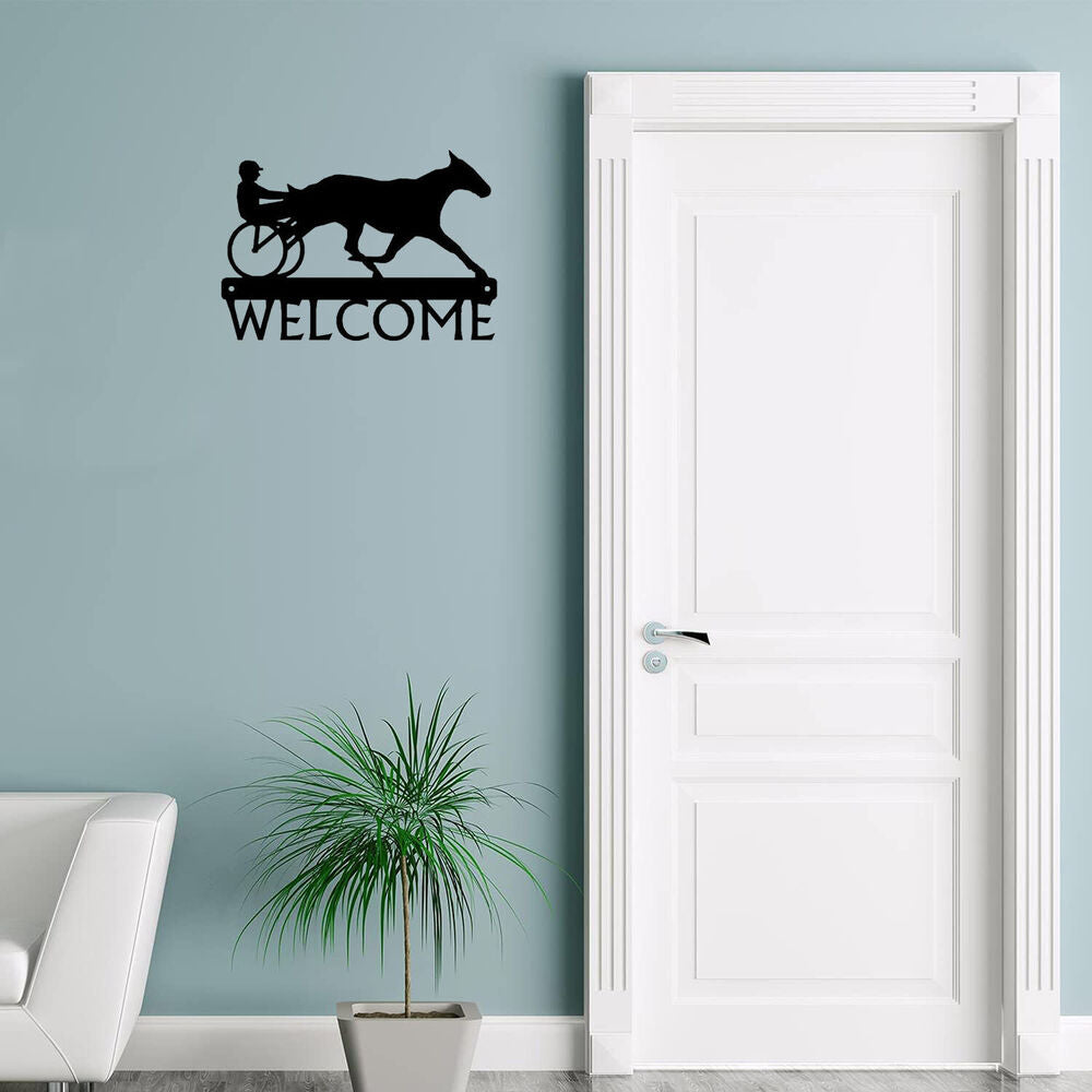 Sulky Horse Racing Welcome Sign - 12 inch Wide Metal Wall Art